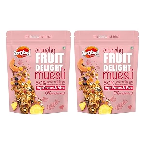 zerobeli crunchy fruit delight muesli 425g pack of 2  wholegrain muesli with fruits seeds amp almonds  high in protein amp fiber multigrain breakfast cereal for weight loss amp gut health