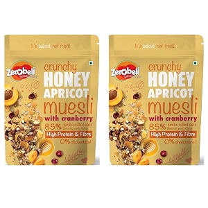 zerobeli crunchy honey apricot muesli with cranberry 400g pack of 2 wholegrain blend with apricots cranberry almonds pumpkin seeds flax seeds and sunflower seeds  multigrain breakfast cereal