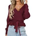 ZESICA Womens Fall Wrap V Neck Belted