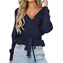 ZESICA Womens Fall Wrap V Neck Belted