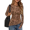ZESICA Womens Floral Long Sleeve Shirts 2026 Spring Boat Neck Mesh Ruched Tops Fitted Asymmetrical Going Out Blouses