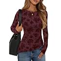 ZESICA Womens Floral Long Sleeve Shirts 2026 Spring Boat Neck Mesh Ruched Tops Fitted Asymmetrical Going Out Blouses