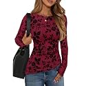 ZESICA Womens Floral Long Sleeve Shirts 2026 Spring Boat Neck Mesh Ruched Tops Fitted Asymmetrical Going Out Blouses