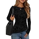 ZESICA Womens Floral Long Sleeve Shirts 2026 Spring Boat Neck Mesh Ruched Tops Fitted Asymmetrical Going Out Blouses