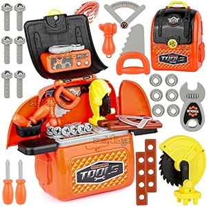 zest 4 toyz 2 in 1 diy deluxe tool set toy with portable backpack role play toy set with accessories - 28 pcs orange
