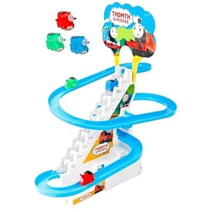 zest 4 toyz stair climbing train track set battery operated with 3 mini cartoon trains musical track escalator ramp lights automatic moving toy for kids