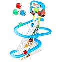 Zest 4 Toyz Stair Climbing Train Track Set Battery Operated with 3 Mini Cartoon Trains Musical Track Escalator Ramp Lights Automatic Moving Toy for Kids