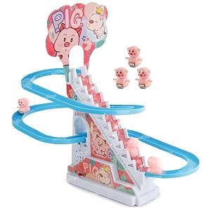 zest 4 toyz stair climbling pig roller coaster slide toy with 3 cute small pig toys set flashing led light escalator sound toy musical track slide for kids boys girls children - multicolor