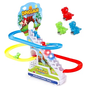 zest 4 toyz stair climbling dino roller coaster slide toy with 3 cute dinosaur toys set  flashing led light  amazing sound  musical track slide for kids boys girls children - multicolor