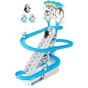 zest 4 toyz stair climbling penguin roller coaster slide toy with 3 cute small penguin toys set  flashing led light  amazing sound  musical track slide for kids boys girls children - multicolor