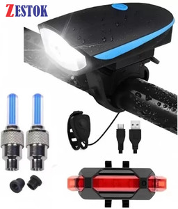 zestok bicycle combo of cycle front light with horn tail light and tyre valve light led front rear light combo