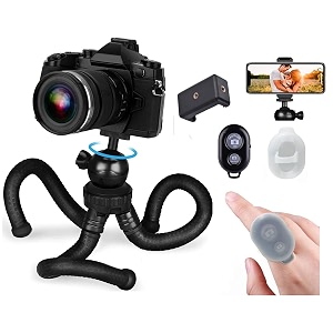 zety gorilla tripod with 360 rotating ball head for dslr cameras amp mobile phones  mobile holder amp shutter button 1234 black  tripod for phone camera amp dslr - tripod bluetooth shutter amp holder