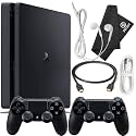PlayStation 4 Slim 1TB Console Bundle - Includes the PS4 Console Slim 1TB, 2 Dualshock PS4 Wireless Controllers, MicroUSB Charging Cable, HDMI cable, Wired Earbuds and Microfiber Cloth (Renewed)
