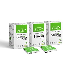 zevic 100 natural sugar free stevia sachets  zero calories sweetener  vegan amp keto  sugar substitute sachets diabetic friendly - 50 pcs box pack of 3