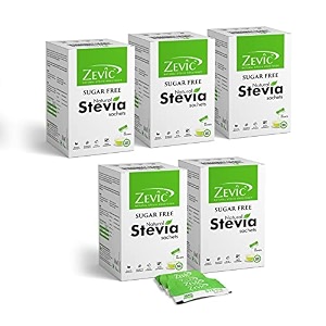 zevic 100 natural sugar free stevia sachets  zero calories sweetener  vegan amp keto  sugar substitute sachets diabetic friendly - 50 pcs box pack of 5