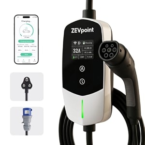 zevpoint aio max all-in-one ev charger  22 kw 3-phase amp 75 kw single phase  3 cee plugs 16a 32a 3-pin 32a 5-pin  display amp app control  adjustable 8a-32a  carry bag amp bracket aio max 22kw