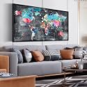 ZHAOSHOP World Map Canvas Wall Art with Frame - Office Artwork Wall Decor - Teal and Gray Wall Art for Living Room Large Size Ready to Hang Size 29" x 59"