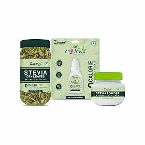 zindagi stevia dry leaves 35gm - stevia natural powder 50gm - fosstevia stevia liquid 10 ml - natural sugar free - zero calorie sweetener stevia combo pack