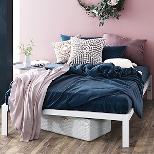 zinus mia metal platform bed frame wood slat support no box spring needed easy assembly white queen