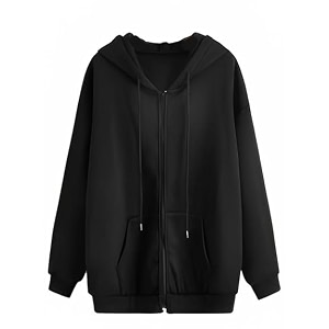 Zipper Solid Black Full Sleeves Hooded Neck