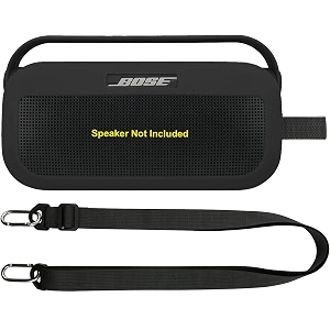 zitel silicone case compatible for bose soundlink flex bluetooth portable speaker protective cover with built-in handle shoulder strap and carabiner case only - black