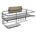 ZIVIK Self-Adhesive Shower Shelf Soap with Hooks - Rustproof Bathroom Shower Caddy Storage Organizer - Stainless Steel Shower Rack Basket for Shampoo Soap Razor (Black)