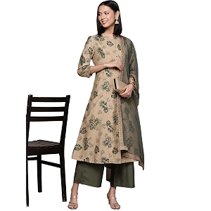 ZIYAA Womens Beige Chanderi A-Line Kurta Palazzo