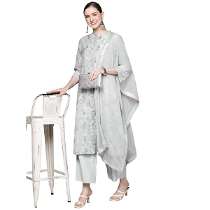 ZIYAA Womens Grey Chanderi A-Line Kurta Palazzo