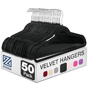 zober space saving velvet hangers strong and durable hold up to 10 lbs - 360 degree chrome swivel hook - ultra thin non slip suit hangers black 50 pack