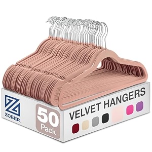 zober non-slip velvet hangers suit hangers 50 pack ultra thin space saving 360 degree swivel hook strong and durable clothes hangers hold up-to 10 lbs for coats jackets pants blushlight pink