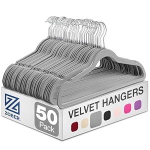 zober space saving velvet hangers strong and durable hold up to 10 lbs - 360 degree chrome swivel hook - ultra thin non slip suit hangers grey - 50 pack