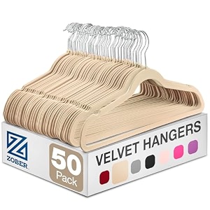 zober space saving velvet hangers strong and durable hold up to 10 lbs - 360 degree chrome swivel hook - ultra thin non slip suit hangers - 50 pack ivory
