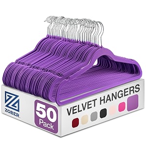 zober velvet hangers 50 pack - heavy duty purple clothes hangers for coats pants amp dress clothes - non slip space saving felt set for clothing