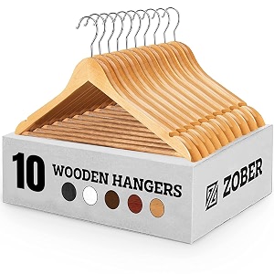 zober wooden suit hangers pack of 10 with non slip pants bar - smooth finish solid wood coat hanger with 360 swivel hook and precisely cut notches for camisole jacket pant dress clothes hangers