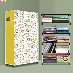 zofiy 5 shelf foldable collapsible wardrobe storage organizer almirah cloth rack pp collapsible wardrobe finish color - warm flower modern printed diydo-it-yourself