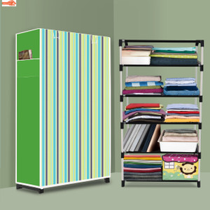 zofiy 5 shelf foldable collapsible wardrobe storage organizer almirah cloth rack pp collapsible wardrobe finish color - green strip modern printed diydo-it-yourself