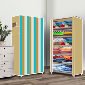 zofiy 6 shelf beige strip printed pp collapsible wardrobe finish color - beige strip elegant printed diydo-it-yourself