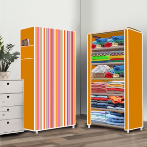 zofiy 6 shelf orange strip printed pp collapsible wardrobe finish color - orange strip elegant printed diydo-it-yourself