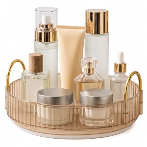 zollyss amber gold 360 rotating makeup organizer tray 9 inch lazy susan vanity organizer with gold handles clear acrylic turntable for skincare perfume amp cosmetics
