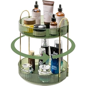zollyss vintage green 2 tier 360 rotating makeup organizer lazy susan vanity organizer with gold frame amp clear acrylic trays for skincare perfume amp cosmetics