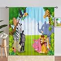 Zoo Curtains W42 x L84 Inch Rod Pocket Kids Animal Jungle Safari Wildlife Elephant Giraffe Lion Print Pattern Privacy Fabric Window Drapes for Boys Bedroom Nursery Baby Playroom 2 Panels