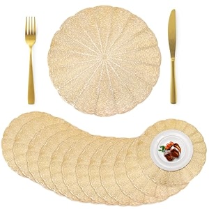 zoofox 12 pack placemats gold pressed vinyl table mats with hollow out design no-slip heat resistant round mats for dining table kitchen decor party wedding accent centerpiece 15 inch