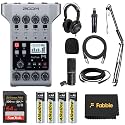 Zoom PodTrak P4 Multitrack Recorder bundle with a microphone kit, headphones, windscreen, tabletop mic stand, XLR cable, boom arm, 64GB microSD card, and premium AA batteries.