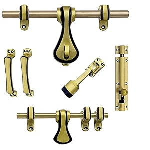 zorba aluminium single amp double door accessories hardware in brass antique finish - complete with 1 big aldrop 103939 1 small aldrop 83939 2 handles 639391 latch 73939 and1 stopper 6 pull handle
