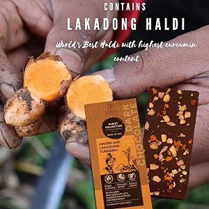 zoroy luxury chocolate organic natural beans indian origin vegan dark gluten free bean to bar 70 lakadong haldi and dried ginger purist collection chocolates bars - 166 gms