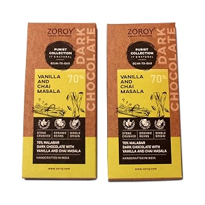zoroy luxury chocolate organic natural beans indian origin vegan 70 dark vanilla and chai masala purist chocolates bar