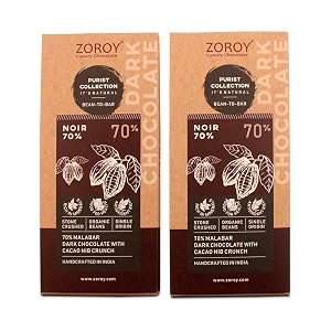 zoroy luxury chocolate vegan dark gluten free craft bean to bar single origin chocolate bar pack of 2 x 58 gms each pack noir cacao nib crunch 70 dark chocolate bar