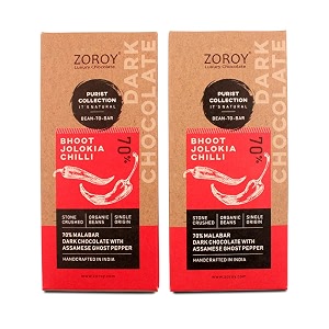 zoroy luxury chocolate vegan dark gluten free craft bean to bar single origin chocolate bar pack of 2 x 58 gms each pack bhoot jhalokia chilli 70 chocolate bar