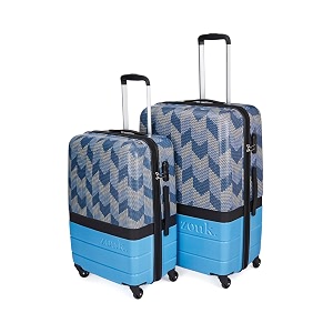 zouk himachal chevron raahi blue trolley luggage  suitcase for travel  polycarbonate hard case  printed graphic design  360 rotating 4 spinner wheel set of 2 medium and large 5769 cm