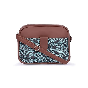 zouk falaknuma green jaali motif printed women jute vegan leather turquoise trendy sling bag with zip closure